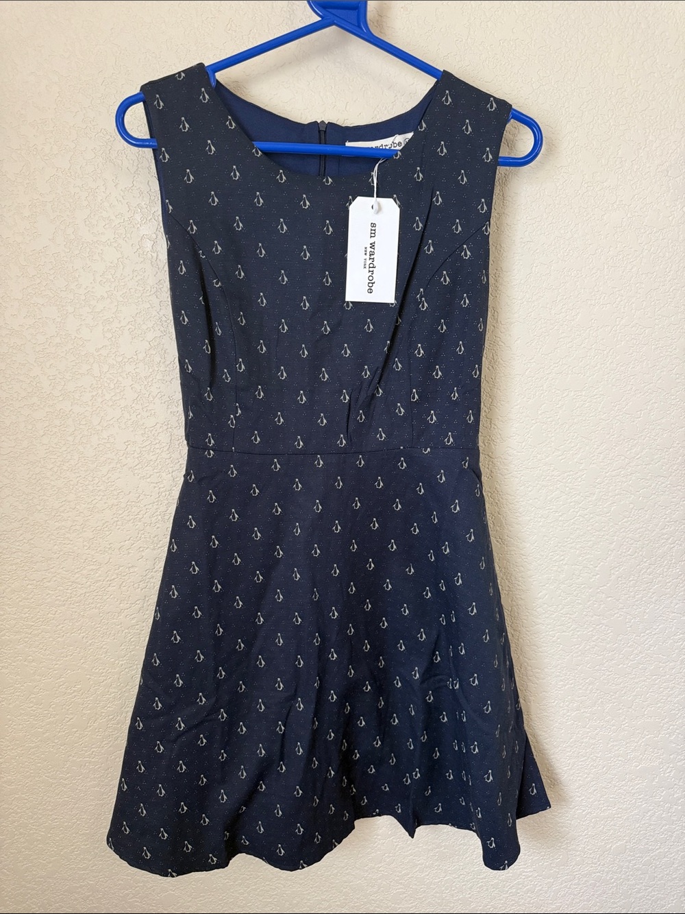 NWT SM Wardrobe Navy Penguin Print Fit & Flare Dress Size Medium